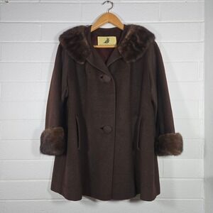 Vtg Rothmoor Brown Wool Swing Coat Real Fur Mink Collar Cuffs 1950s 1960s Retro